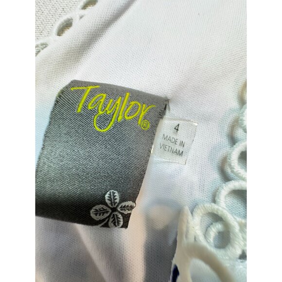 Taylor V-Neck Floral Printed Lace Midi Dress Womens 4 Blue White Sleeveless Chic - Picture 3 of 12